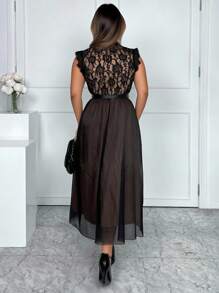 Xyvia Damen Midi Kleid mit Blumen Spitzen Patchwork-Muster und ärmellos, elegant - Schwarz - Übersicht 2