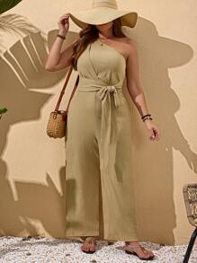 SHEIN LUNE Plus Size Women's Vacation Sleeveless Solid Color Tie Waist Wide Leg Jumpsuit - Apricot - View 1