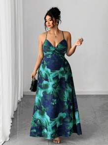 Elenzga Váy xòe họa tiết hoa mới, buộc xoắn phía trước, thiết kế xẻ tà dành cho nữ cỡ lớn, thích hợp cho kỳ nghỉ và hẹn hò - Nhiều màu - Xem 4