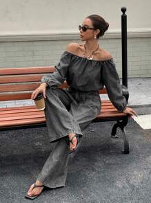 DAZY 2pcs Women's Off Shoulder Long Sleeve Cropped Denim Top And Loose Casual Pants Jeans Set, Casual Outfit - Grey - View 7