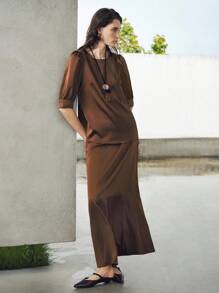 Uhlyne Women's Satin Silk Like Vacation/Office Wear Loose Fit Round Neck Back V-Neck 3/4 Sleeve Top And Mermaid Hem Skirt 2-Piece Set,Coffee Brown,Caramel,Easy Care,Autumn,Minimalist,Work Wear,Teacher Outfits,Back To School,Fall ,Neutral Clothes,Business Casual,Old Money Style Brown Two Piece Set Women Brown Satin Two Piece Set Brown Silk Two Piece Set Maillard Style Casual Outfits Spring - Coffee Brown - View 3