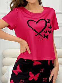 SHEIN 1 pièce Top de pyjama décontracté à manches courtes avec imprimé papillon et cœur pour femme