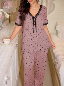 CottageSlumber Polka Dot & Contrast Color Lace Bow V-Neck Short Sleeve Pajama Set, Plus Size Plus Size Sleepwear Set Plus Size Polka Dot Pajamas Plus Size Pajama Set Curve Sleepwear Plus Size Nightwear  Cozy And Elegant Details - Pink - View 5