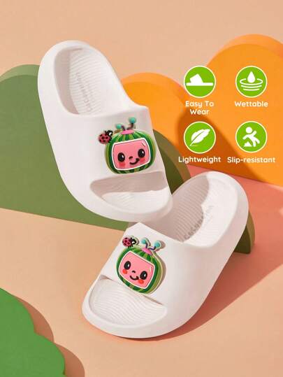 CoComelon X SHEIN 可爱 3D 西瓜卡通幼儿白色拖鞋，EVA 材质轻质防滑脚趾保护，适合室内、淋浴或海滩使用，男女通用