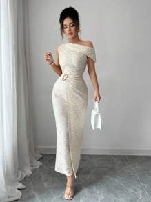 Modelyn Vestido sin mangas de unicolor con cuello asimétrico y decoración de metal texturizado