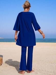 Swim Mulvari Conjunto de dos piezas para mujer con blusa de manga larga holgada de unicolor y cuello en V, y pantalones acampanados de pierna ancha - Azul - Ver 2