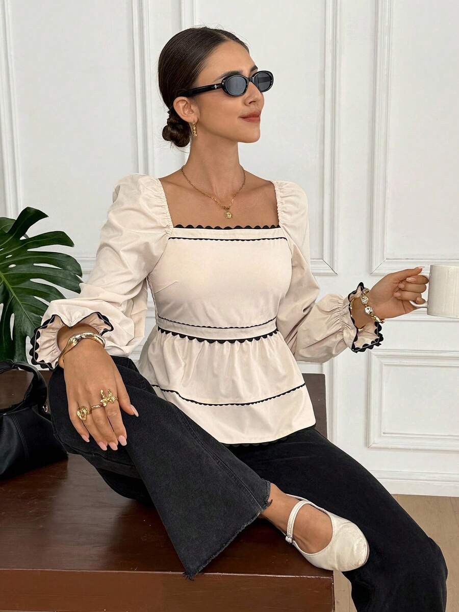 Serisse 女士法式休闲通勤方领拼接荷叶边下摆衬衫，适合秋季、冬季穿着，四季皆宜，适合办公室休闲穿着，法式风格，商务休闲女装，优雅，通勤，简约，办公室，复古，简约，商务休闲女装，国庆节，新年女装，感恩节衬衫 - 彩色 - 查看 1