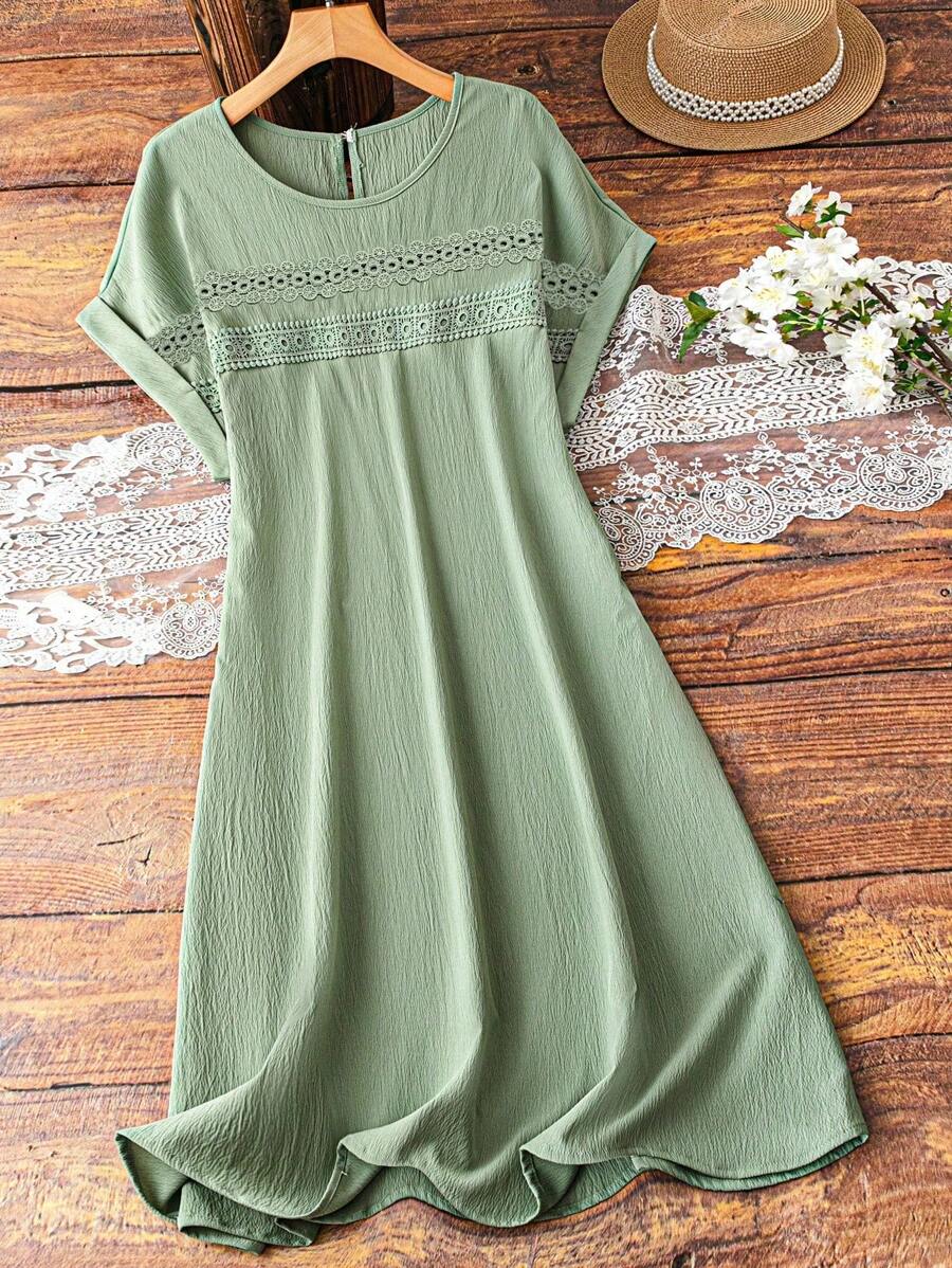 SHEIN LUNE Đầm ren khoét tay màu trơn cỡ lớn cho nữ - Màu xanh Ô liu - Xem 1