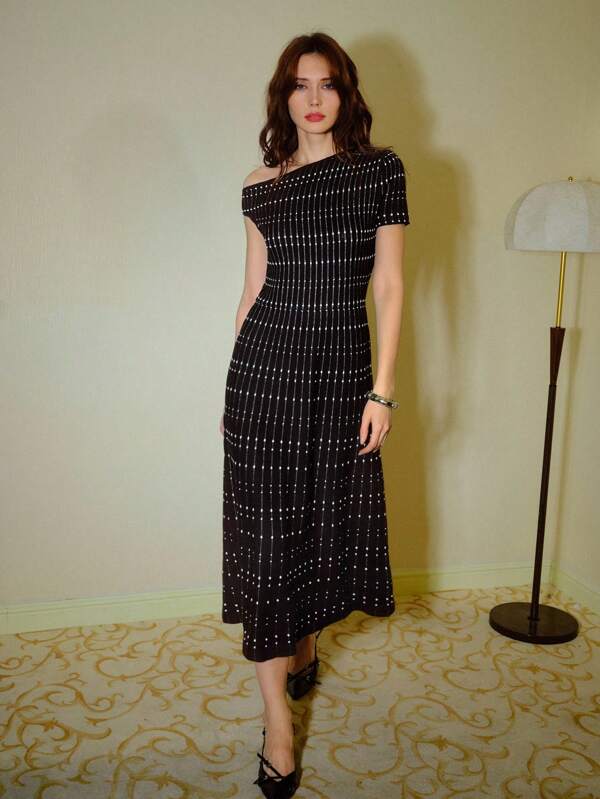MOTF PREMIUM STRIPED ASYMMETRICAL SHOULDER SWEATER DRESS