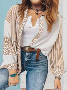 EMERY ROSE 女式加大码印花开衫 - 豹纹和条纹长袖拼布衬衫，2025 年秋季休闲罩衫 - 白色 - 查看 1