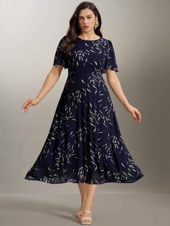 Flouryn Women's Plus Size Elegant Chiffon Printed A-Line Dress Vacation Spring Dress Summer Women Outfit Elegant Formal Women Dresses Easter Women Dress Tea Party Outfit