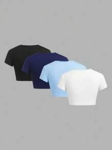 SHEIN BASICS Bộ 4 áo thun nữ cổ tròn tay ngắn màu trơn đơn giản ôm sát - Nhiều màu - Xem 2