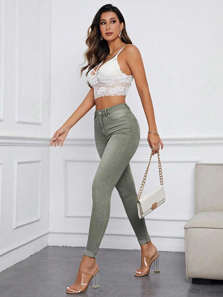 Flexra 高腰紧身牛仔裤，女士休闲纽扣、口袋、拉链高腰紧身长款绿色棉质紧身女式牛仔裤，春/秋，休闲日常穿着 - 綠色 - 查看 1