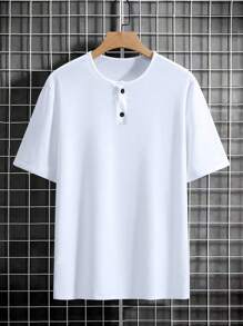 Manfinity Homme Men Solid Color Button Plain Half-Placket Short Sleeve Casual T-Shirt For Summer, For Going Out, For Friends - White - View 5