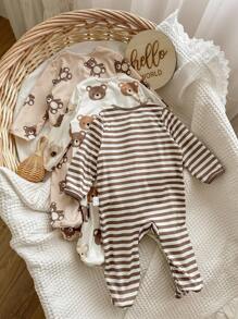 新生男婴3件装熊和条纹图案圆领长袖拉链前部柔软舒适连脚连体衣婴儿熊睡衣新生儿中性服装 - 彩色 - 查看 2