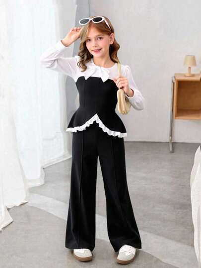 女童单色拼布长袖衬衫和喇叭裤两件套