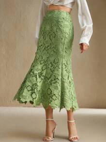 Anewsta 女士时尚优雅拼接设计重磅蕾丝镂空鱼尾裙 - 綠色 - 查看 4