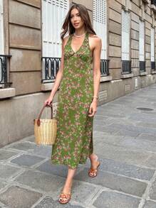 Pariaura Grünes bedrucktes V-Ausschnitt Kleid für Damen