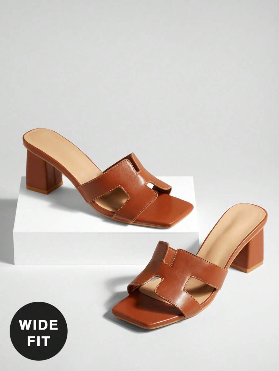 SHUZIA Wide-Fit Women's Minimalist Square Toe Mule Heel Sandals - Camel - View 1