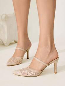 CUCCOO CHICEST Sandalias de tacón alto con punta puntiaguda y encaje de red para mujer, bombas beige sexy con tiras y sin espalda para fiestas/bodas
