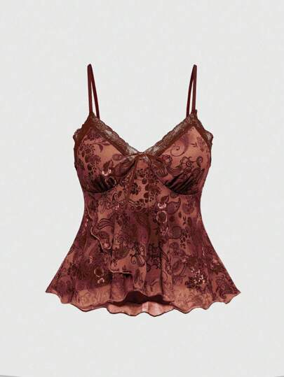 Back To School Plus Size Vintage Boho Hippie Paisley Floral Print Lace Patchwork Ribbon Tie Asymmetrical Hem Cami Top, Summer