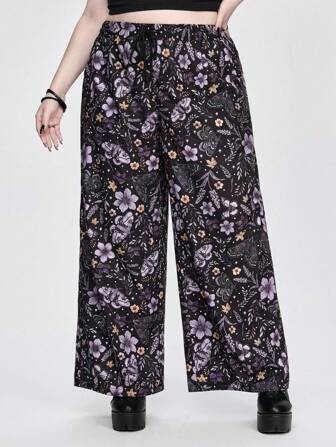 Goth Pantalones con estampado total de mariposa y flor para mujer de talla grande
