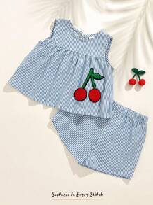 Cozy Pixies 2pcs Baby Girls Colorful Stripe Print Round Neck Sleeveless Top And Elastic Waist Shorts Set Cherry Baby Outfit Two Piece Baby Outfit Two Piece Set Baby Girl Striped Baby Outfit Fruit Outfits For Baby Girl