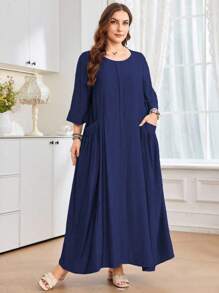Al Najma Women's Loose Fit Round Neck 3/4 Sleeve Dress With Large Pockets, Comfortable Linen Look, Casual Daily Wear, Plus Size - Navy Blue - View 3