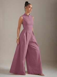 Hauture 超宽腿拉链前无袖连体裤 - 紫色 - 查看 3