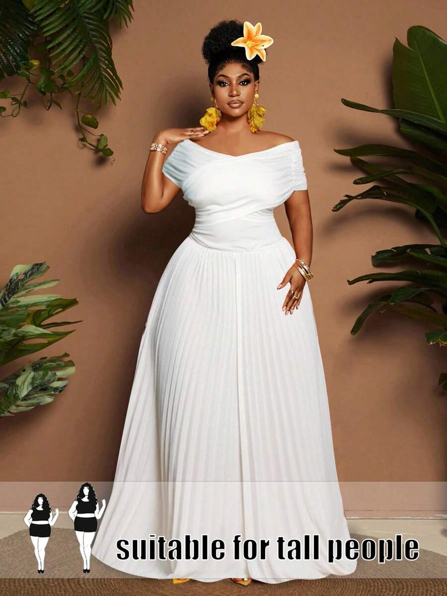 SHEIN Tall CURVE Váy ôm sát cơ thể cổ chữ V dáng chữ A tối giản thanh lịch dành cho nữ, chi tiết xếp nếp, màu mơ, thích hợp cho bữa sáng muộn, sinh nhật, kỳ nghỉ xuân/hè/thu hoặc hẹn hò - trắng - Xem 1