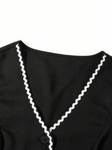 Ellevyn 优雅百搭单排扣花卉压花背心和百褶裙两件套，适合外出、下午茶、购物等场合秋季女装校服教师服办公室服装 - 黑色 - 查看 6