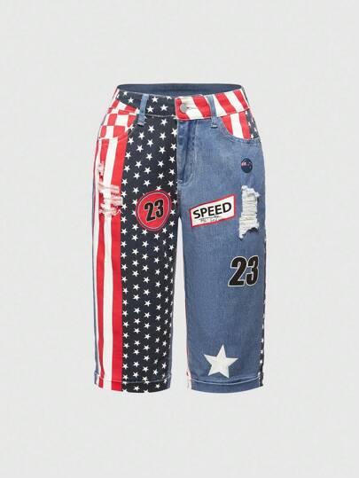 ROMWE Avant Low Waist Patchwork American Flag Denim Jeans