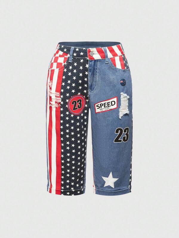 ROMWE Avant بنطلون جينز بخصر منخفض مرقع بعلم الولايات المتحدة الأمريكية