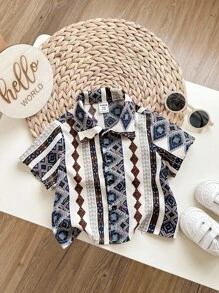 Baby Boy Casual Traditional Patterned Turn-Down Collar Short-Sleeve Cardigan - Multicolor - View 3