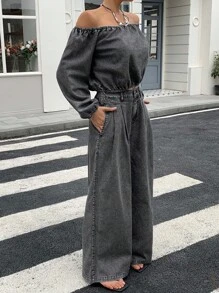 DAZY 2pcs Women's Off Shoulder Long Sleeve Cropped Denim Top And Loose Casual Pants Jeans Set, Casual Outfit - Grey - View 5