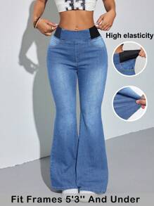 SHEIN PETITE Women's Blue Jeans Skinny Flared Pants Comfortable High Elastic Denim Summer Office Wear Siren Style High Waisted Flare Jeans - Light Wash - View 2