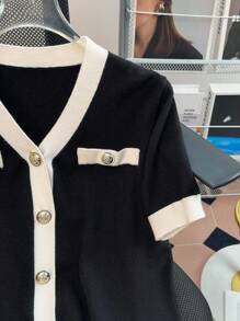 INAWLY Women's Casual Contrast Binding Short Sleeve Single-Breasted Lightweight Cardigan