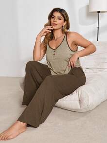 Knitted Casual Contrast Color Pajama Set (Top And Pants) - Apricot - View 3
