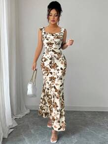 Elenzga 女士优雅夏日度假的无袖长裙 - 棕色 - 查看 3