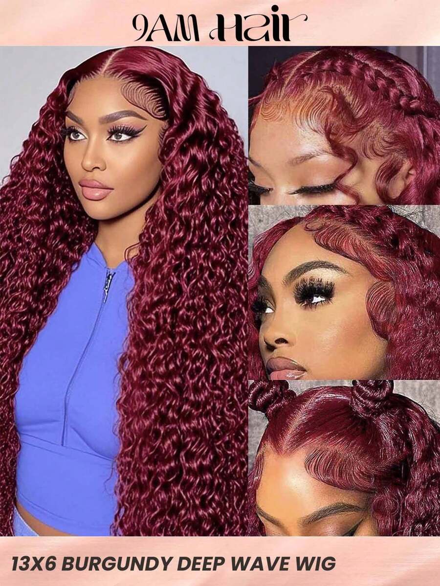 勃艮第蕾丝前假发真人发丝 180 密度深波浪假发 13*6 透明蕾丝前假发 适合女士 18-30 英寸 - SBUGA - 查看 1