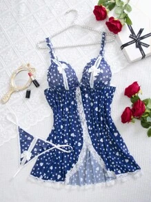 SHEIN 2pcs Plus Size Cute Series Blue Base White Heart Print Mesh Patchwork Ruffle Trim Lingerie Dress Set - Blue and White - View 8