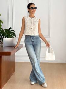 Serisse 女士花卉提花单排扣优雅背心夹克 - 米色 - 查看 5