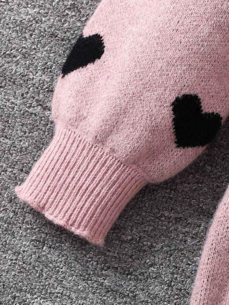 SHEIN Tween Girls' Casual Loose Fit Long Sleeve Crew Neck Sweater Dress Girls Sweater Dress Pink Sweater Dress Heart Sweater Dress Girls Heart Dress Tween Sweater Dress Fall Winter - Dusty Pink - View 3