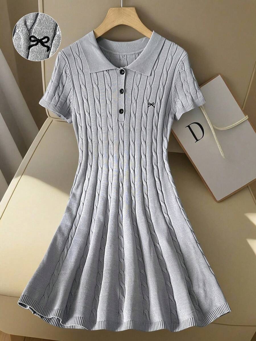 SHEIN Franclia 纯色针织优雅A字连衣裙，精致毛衣连衣裙，适合大学生的针织毛衣服装 - 灰色 - 查看 1