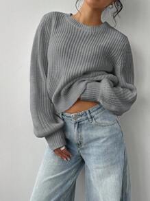 SHEIN BASICS Áo len cổ tròn rộng rãi màu trơn dành cho nữ vào mùa thu/đông - Xám - Xem 5