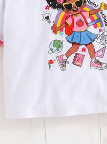 SHEIN Young Girl White Summer School Back-To-School Cartoon Pattern Contrast Color Round Neck Short Sleeve T-Shirt For Kindergarten Daily Wear Photo Shoots - White - View 12