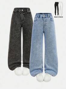 2 件套青少年女孩男女通用直筒牛仔裤，灰色和蓝色水洗，适合学校、周末、学习班