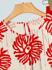 SHEIN Clasi 女士两件套花卉复古图案休闲夏季套装 - 紅色 - 查看 3