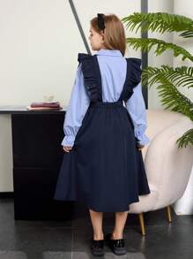 女孩浅蓝色长袖衬衫和海军蓝 A 字裙套装，休闲校服风格 - 彩色 - 查看 7