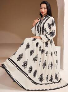 Veilorie Retro Modest Printed Dress For Women, Modest Dress, Modest Dresses For Women, Vacation Dresses, Fall Dresses For Women,Autumn Dress,Fall Dresses,Fall Outfits Women,Autumn Clothes,Autumn - Multicolor - View 2